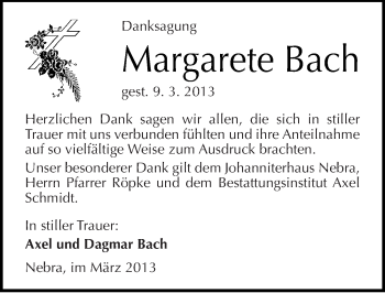 Traueranzeige von Margarete Bach von Mitteldeutsche Zeitung Naumburg/Nebra