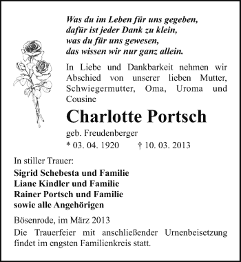 Traueranzeige von Charlotte Portsch von Mitteldeutsche Zeitung Sangerhausen