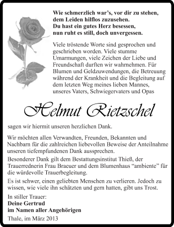 Traueranzeige von Helmut Rietzschel von Mitteldeutsche Zeitung Quedlinburg