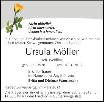 Traueranzeige von Ursula Möller von Mitteldeutsche Zeitung Quedlinburg