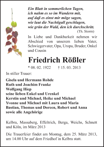 Traueranzeige von Friedrich Rößler von Mitteldeutsche Zeitung Sangerhausen