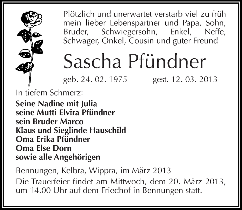  Traueranzeige für Sascha Pfündner vom 19.03.2013 aus Mitteldeutsche Zeitung Mansfelder Land