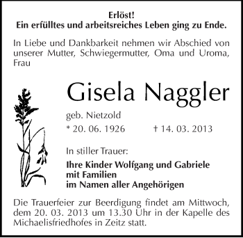 Traueranzeige von Gisela Naggler von Mitteldeutsche Zeitung Zeitz