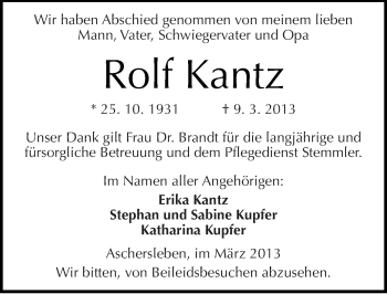 Traueranzeige von Rolf Kantz von Mitteldeutsche Zeitung Aschersleben