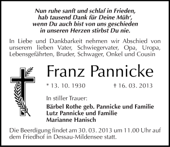Traueranzeige von Franz Pannicke von Mitteldeutsche Zeitung Dessau-Roßlau