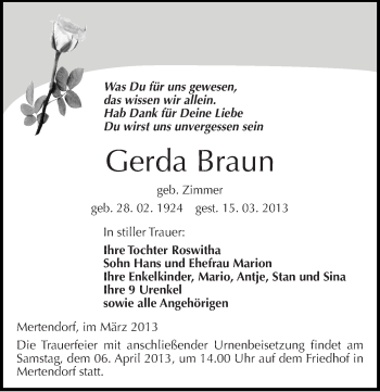Traueranzeige von Gerda Braun von Mitteldeutsche Zeitung Naumburg/Nebra