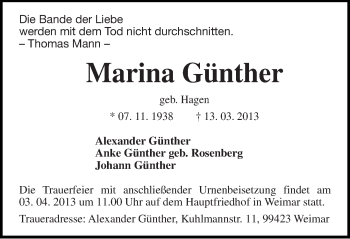 Traueranzeige von Marina Günther von Mitteldeutsche Zeitung Wittenberg