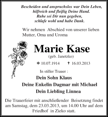 Traueranzeige von Marie Kase von Mitteldeutsche Zeitung Wittenberg