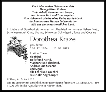 Traueranzeige von Dorothea Kraze von Mitteldeutsche Zeitung Köthen