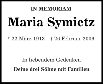 Traueranzeige von Maria Symietz von Mitteldeutsche Zeitung Aschersleben
