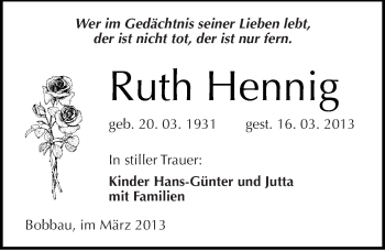 Traueranzeige von Ruth Hennig von Mitteldeutsche Zeitung Bitterfeld