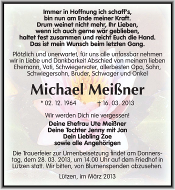 Traueranzeige von Michael Meißner von Mitteldeutsche Zeitung Weißenfels