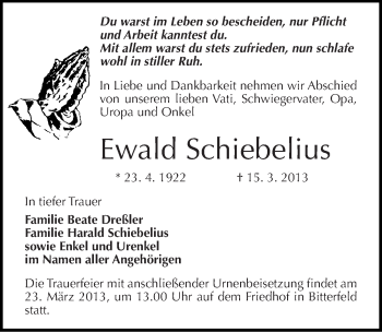Traueranzeige von Ewald Schiebelius von Mitteldeutsche Zeitung Bitterfeld