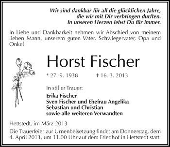Traueranzeige von Horst Fischer von Mitteldeutsche Zeitung Mansfelder Land