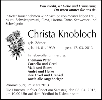 Traueranzeige von Christa Knobloch von Mitteldeutsche Zeitung Mansfelder Land