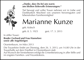 Traueranzeige von Marianne Kunze von Mitteldeutsche Zeitung Wittenberg