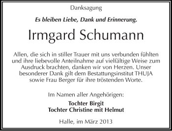 Traueranzeige von Irmgard Schumann von Mitteldeutsche Zeitung Halle/Saalkreis