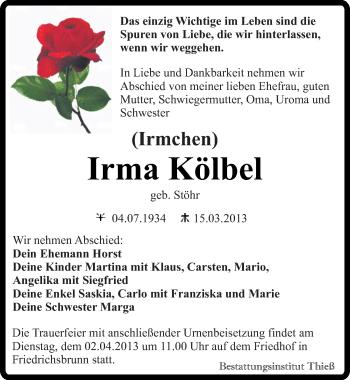 Traueranzeige von Irma Kölbel von Mitteldeutsche Zeitung Quedlinburg