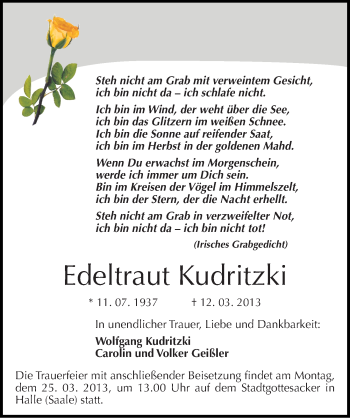 Traueranzeige von Edeltraut Kudritzki von Mitteldeutsche Zeitung Halle/Saalkreis