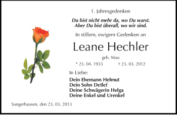 Traueranzeige von Leane Hechler von Mitteldeutsche Zeitung Sangerhausen