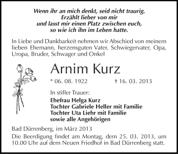Traueranzeige von Arnim Kurz von Mitteldeutsche Zeitung Merseburg/Querfurt