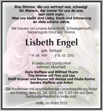 Traueranzeige von Lisbeth Engel von Mitteldeutsche Zeitung Halle/Saalkreis