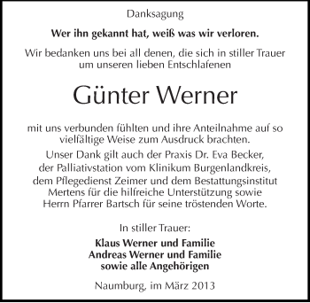 Traueranzeige von Günter Werner von Mitteldeutsche Zeitung Naumburg/Nebra