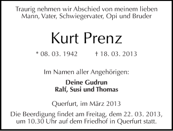 Traueranzeige von Kurt Prenz von Mitteldeutsche Zeitung Merseburg/Querfurt