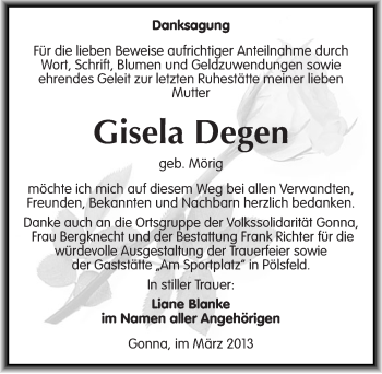 Traueranzeige von Gisela Degen von Mitteldeutsche Zeitung Sangerhausen
