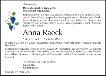 Traueranzeige von Anna Raeck von Mitteldeutsche Zeitung Köthen