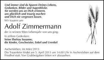 Traueranzeige von Adolf Zimmermann von Mitteldeutsche Zeitung Aschersleben
