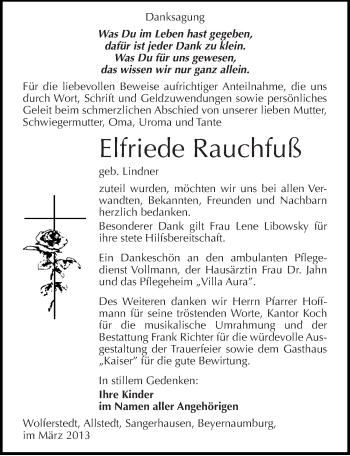 Traueranzeige von Elfriede Rauchfuß von Mitteldeutsche Zeitung Sangerhausen