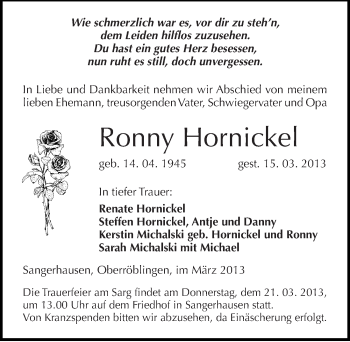 Traueranzeige von Ronny Hornickel von Mitteldeutsche Zeitung Sangerhausen