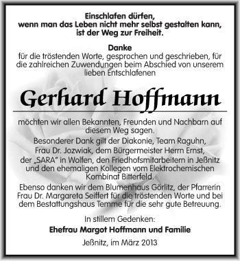 Traueranzeige von Gerhard Hoffmann von Mitteldeutsche Zeitung Bitterfeld