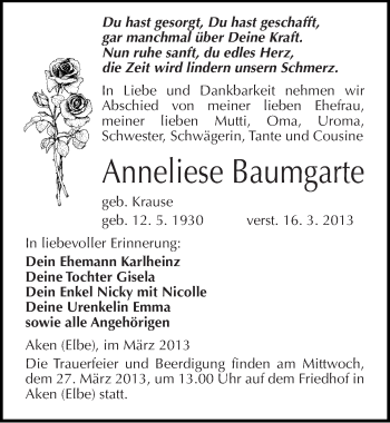 Traueranzeige von Anneliese Baumgarte von Mitteldeutsche Zeitung Köthen