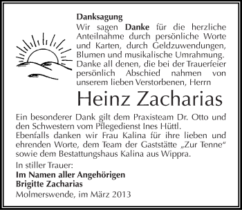 Traueranzeige von Heinz Zacharias von Mitteldeutsche Zeitung Mansfelder Land