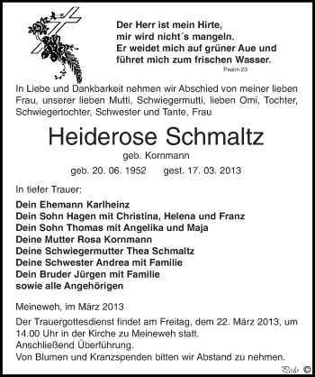 Traueranzeige von Heiderose Schmaltz von Mitteldeutsche Zeitung Zeitz