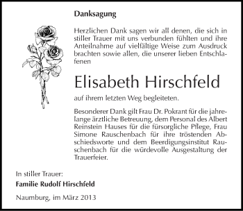 Traueranzeige von Elisabeth Hirschfeld von Mitteldeutsche Zeitung Naumburg/Nebra