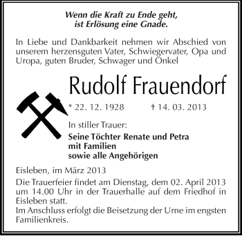 Traueranzeige von Rudolf Frauendorf von Mitteldeutsche Zeitung Mansfelder Land