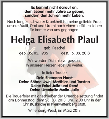 Traueranzeige von Helga Elisabeth Plaul von Mitteldeutsche Zeitung Wittenberg