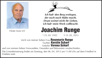 Traueranzeige von Joachim Runge von Mitteldeutsche Zeitung Mansfelder Land