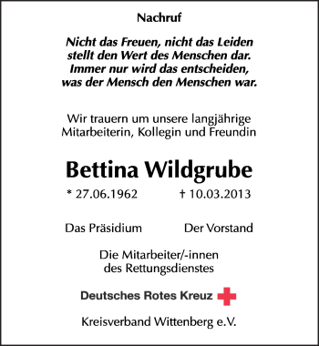 Traueranzeige von Bettina Wildgrube von Mitteldeutsche Zeitung Wittenberg