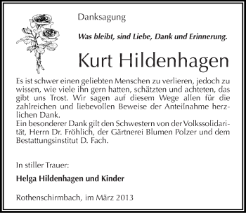 Traueranzeige von Kurt Hildenhagen von Mitteldeutsche Zeitung Mansfelder Land