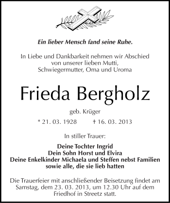 Traueranzeige von Frieda Bergholz von Mitteldeutsche Zeitung Dessau-Roßlau