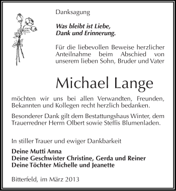 Traueranzeige von Michael Lange von Mitteldeutsche Zeitung Bitterfeld