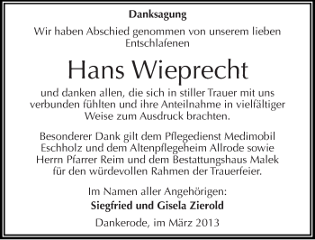 Traueranzeige von Hans Wieprecht von Mitteldeutsche Zeitung Quedlinburg
