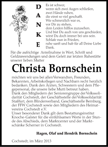 Traueranzeige von Christa Bornschein von Mitteldeutsche Zeitung Aschersleben