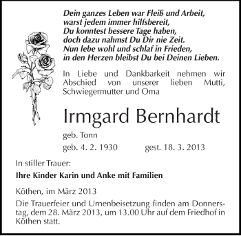 Traueranzeige von Irmgard Bernhardt von Mitteldeutsche Zeitung Köthen