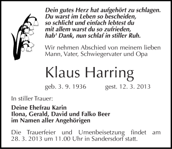 Traueranzeige von Klaus Harring von Mitteldeutsche Zeitung Bitterfeld