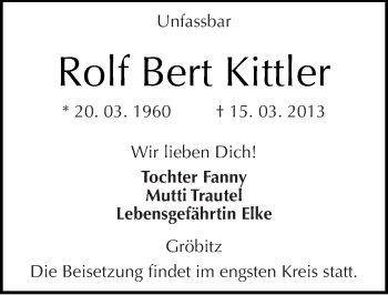 Traueranzeige von Rolf Bert Kittler von Mitteldeutsche Zeitung Naumburg/Nebra